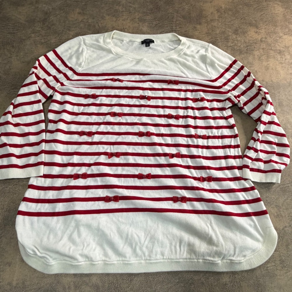 Talbots Sweater Womens LP Red White Striped Bow Embellished 3/4 Sleeve Knit Top